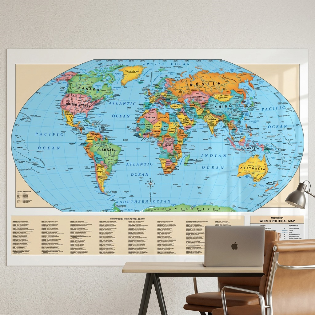 An image of the world political wall map showing its large scale placed against a home office desk with a desk lamp and a closed laptop.