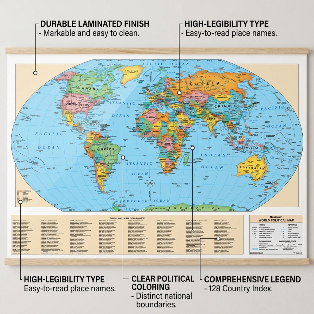 A feature graphic for the Replogle World Political Map, highlighting it with labels and callouts.