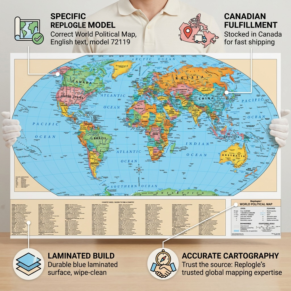Laminated World Wall Map infographic highlighting build, cartography, and fast Canadian shipping.
