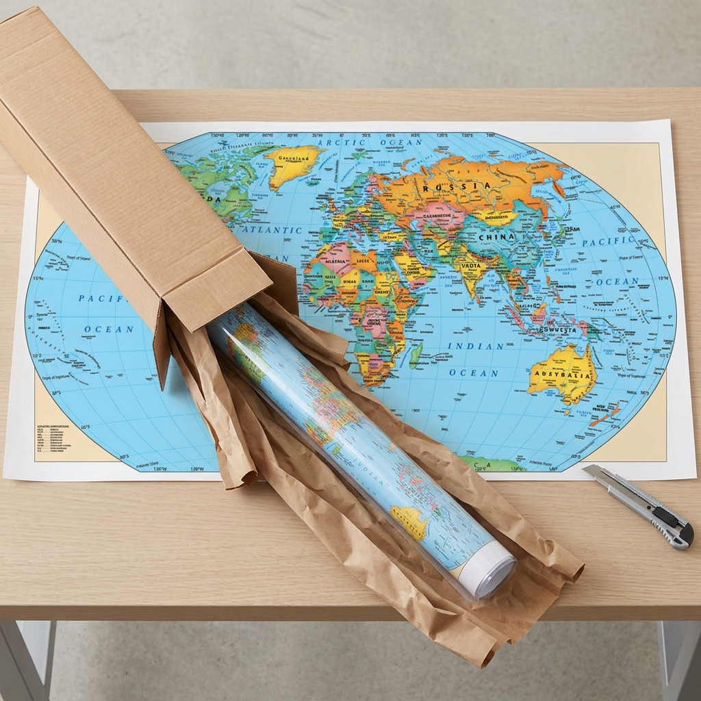 A photo showing the unboxing of a Replogle world wall map, protected in neutral packaging.