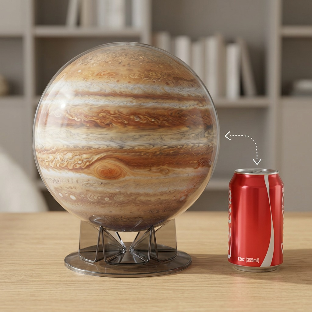 A Replogle Astronomy Magazine Jupiter globe is placed on a modern, dark wood office desk next to a standard 12 fluid ounce aluminum soda can. The globe, with its distinct swirled orange, white, and brown cloud patterns, looks substantially larger. The soda can for scale is silver and red. Both items cast soft, realistic shadows, highlighting the difference in volume and diameter. The background is a gently blurred, clean home office environment.
