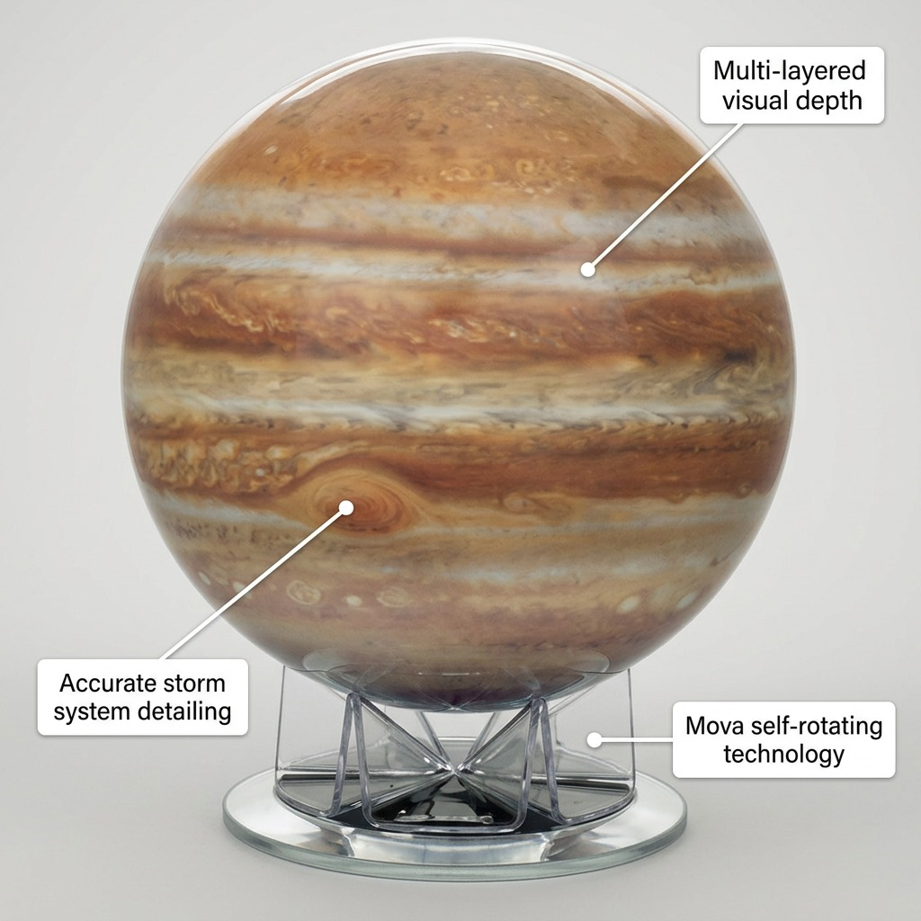 A visual callout graphic of the Replogle Jupiter globe, highlighting its accurate features and self-rotating base technology.