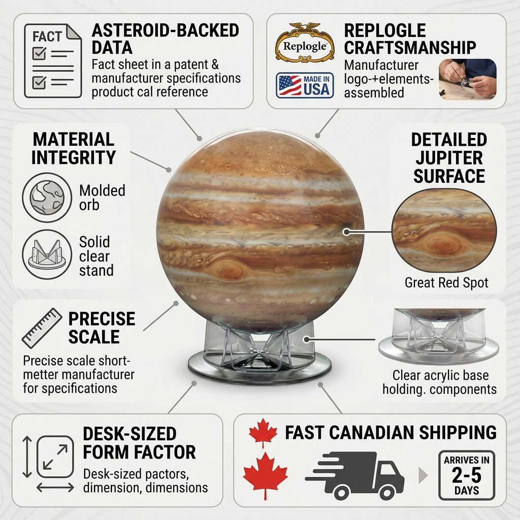 An infographic for the Jupiter globe detailing USA craftsmanship, material specs, and fast Canadian shipping.