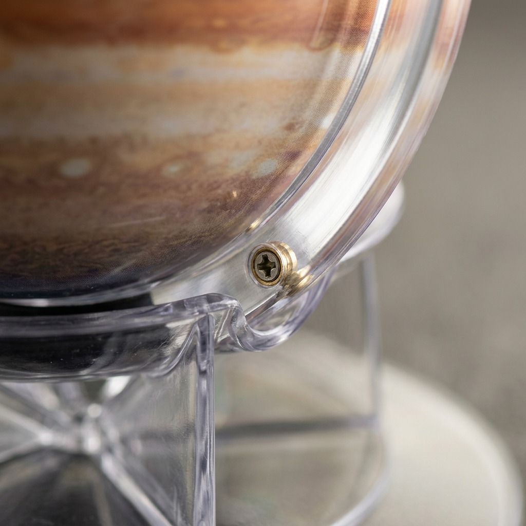 A macro photograph detailing the transparent shell, cloud print, and a base bracket screw on a Replogle Jupiter globe.