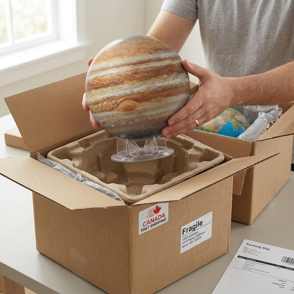 Replogle JUPITER globe safely nestled in premium eco-friendly protective pulp packaging for secure unboxing.