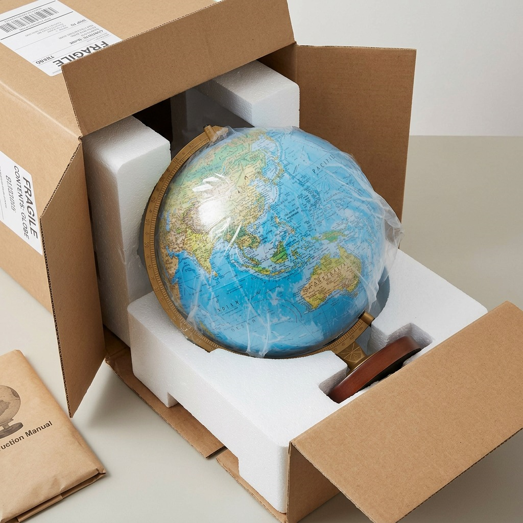 The premium illuminated globe. carefully packed in foam and cardboard for safe unboxing.
