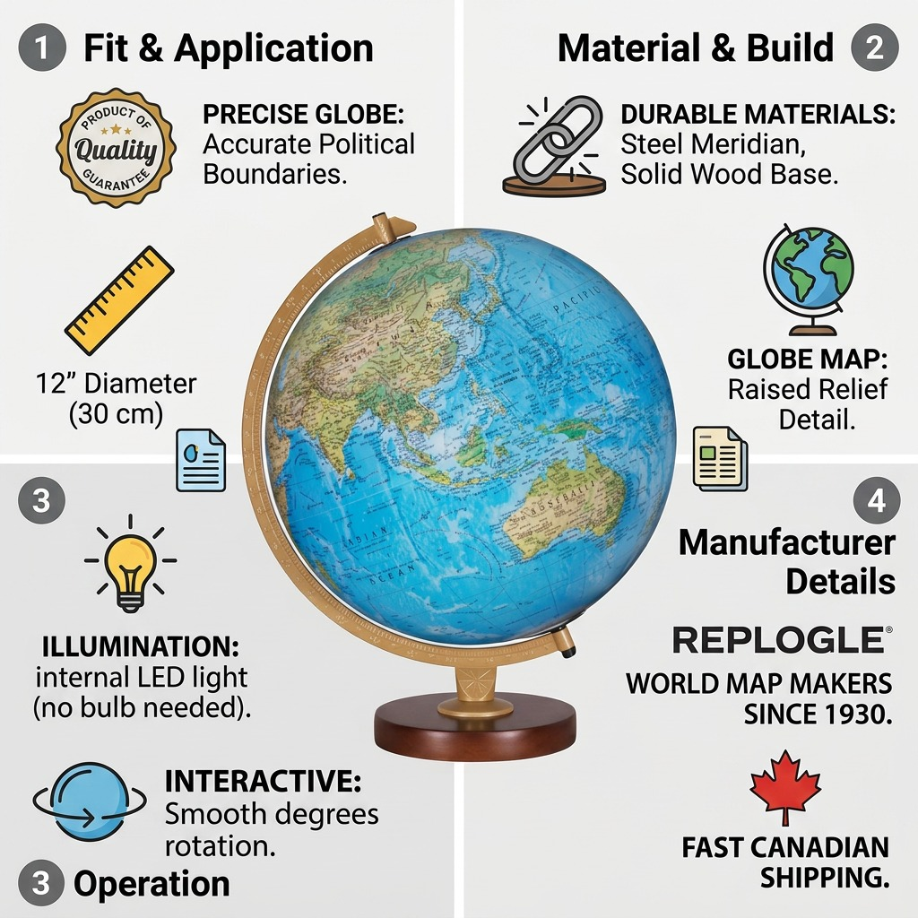A matrix infographic for the Replogle Livingston globe, emphasizing dimensions, materials, and features with text.