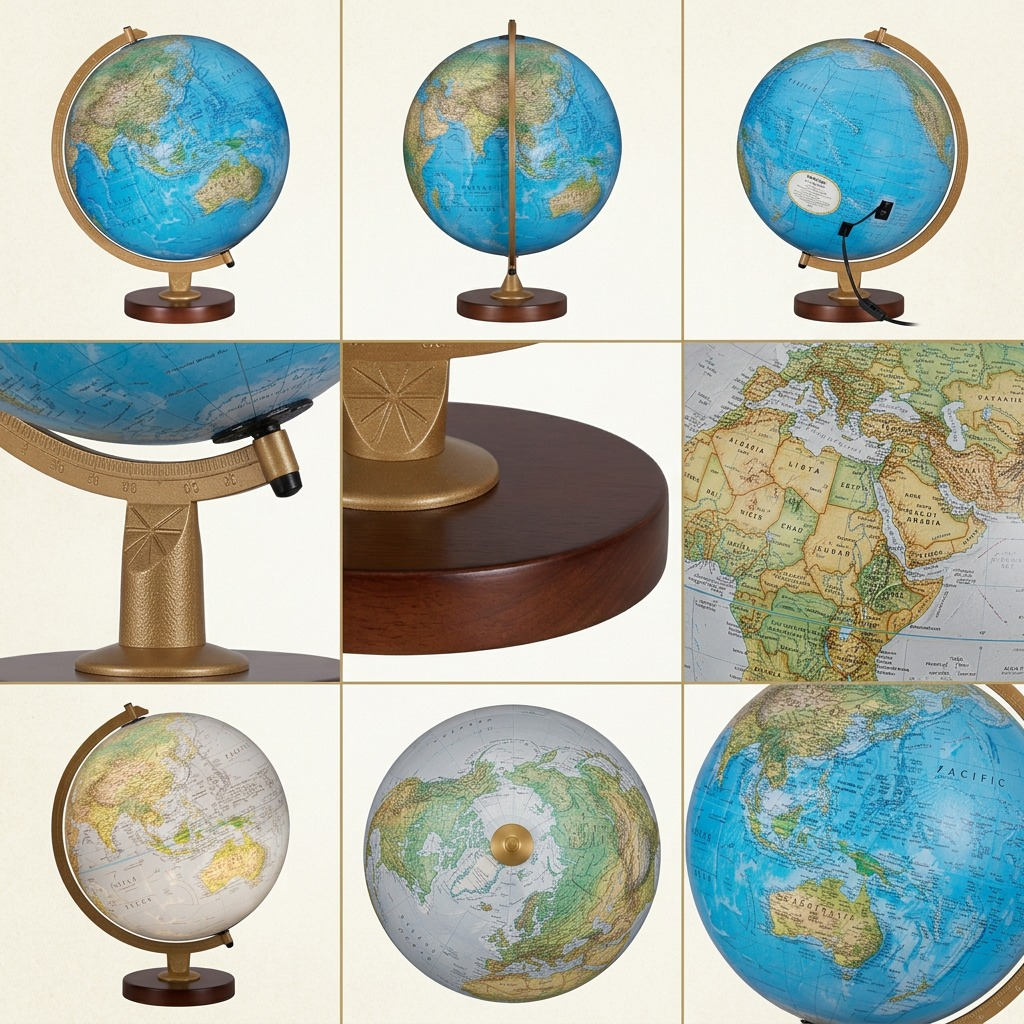 A matrix of nine images of the Replogle Livingston globe from various angles and with different features, such as illuminated and non-illuminated versions, as well as close-ups of the details, on a clean, light beige background.