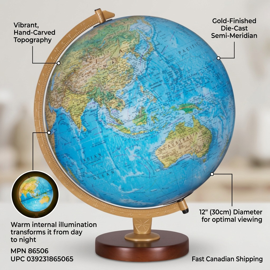 Replogle Livingston Illuminated Desk Globe feature graphic highlighting key benefits with clean labels.