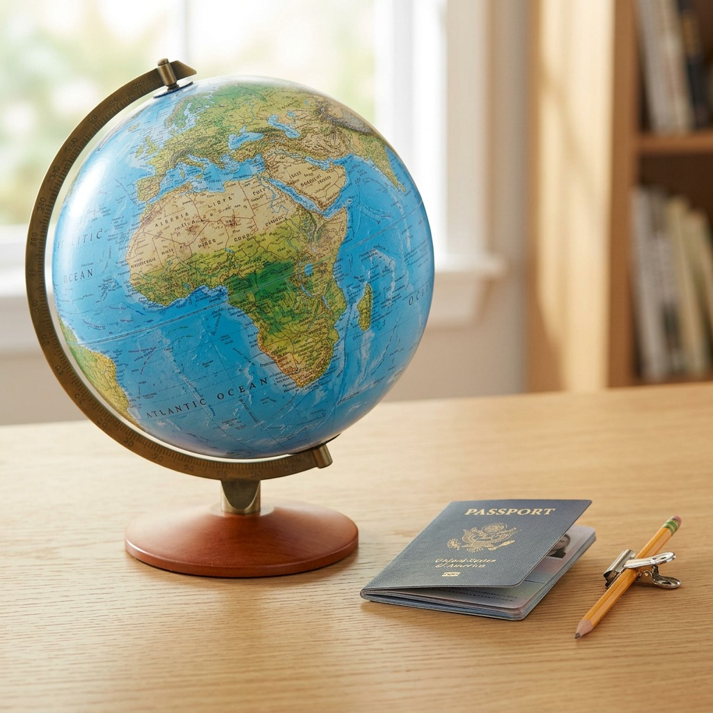A size reference shot showing the Replogle Odessa Globe next to a standing passport and pencil on a desk.