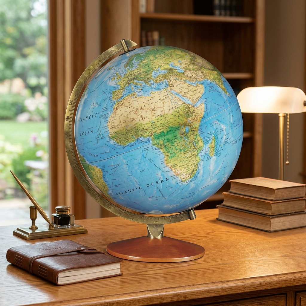 A lifestyle photograph of the 12" blue ocean globe on a home study desk.