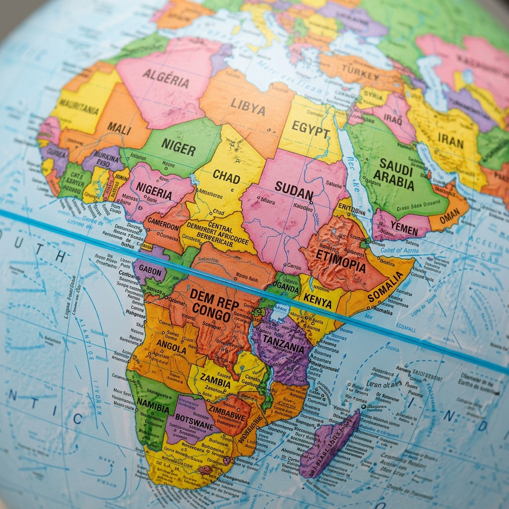 A macro photo shows detailed boundary lines and names (in French) on a physical Replogle blue ocean globe.