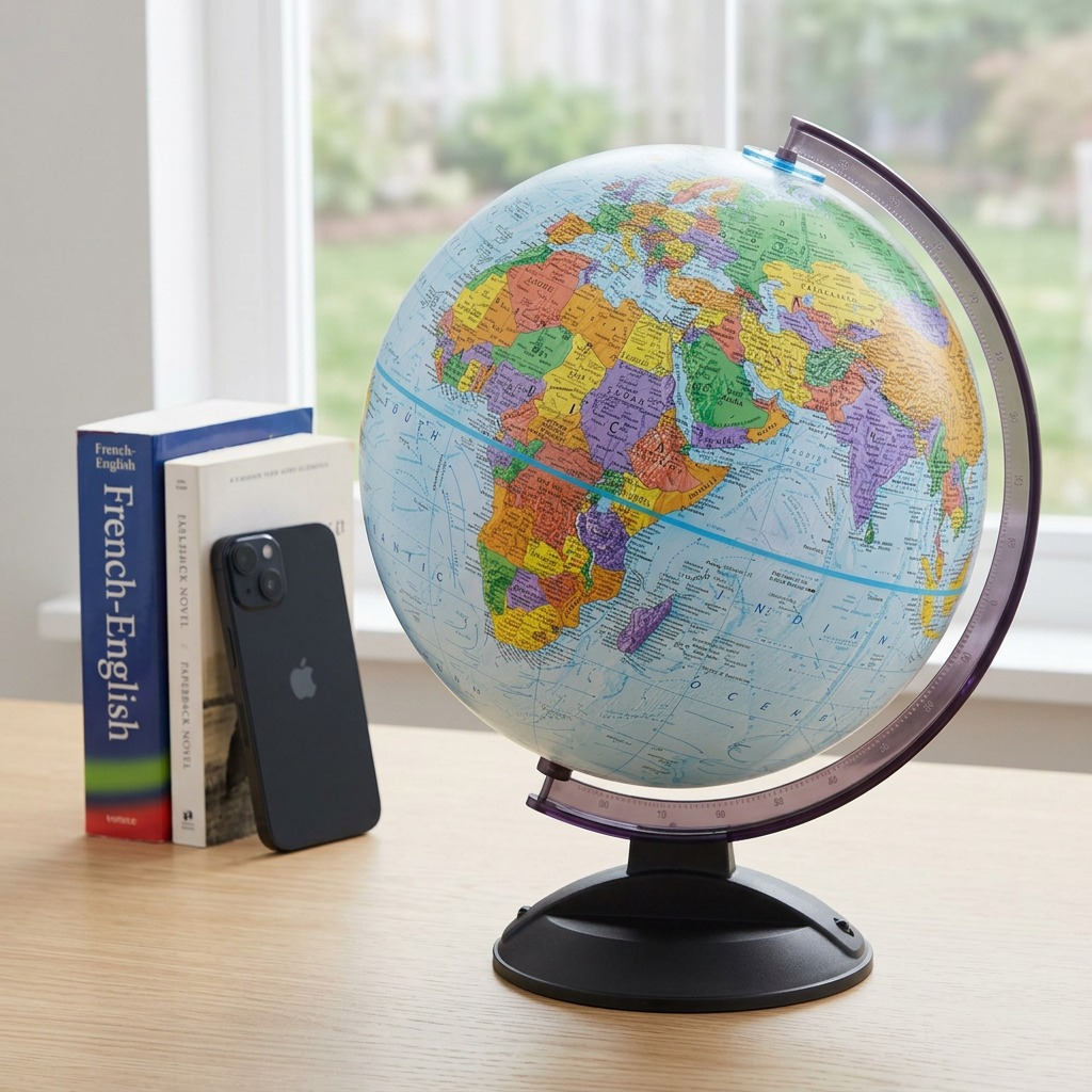 An image of the blue ocean desk globe from image_0.png, placed on an office desk next to a modern smartphone, clearly showing the accurate 12-inch size.