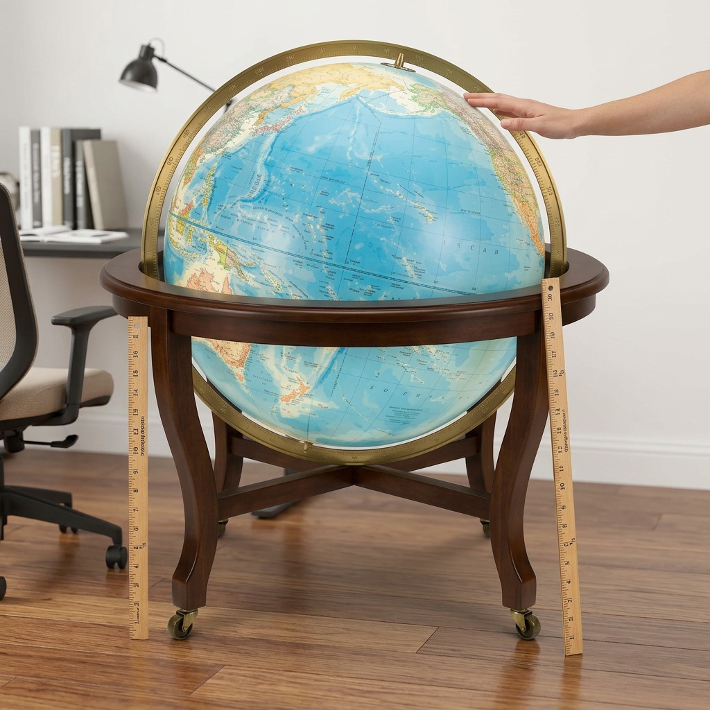 A floor-standing 32-inch globe provides a large scale reference next to a standard modern ergonomic desk and chair.