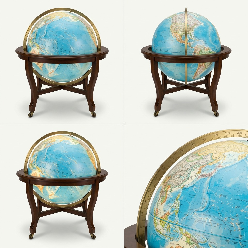A four-panel grid showing the Replogle Diplomat floor globe: front view, profile, illuminated, and a detail close-up.