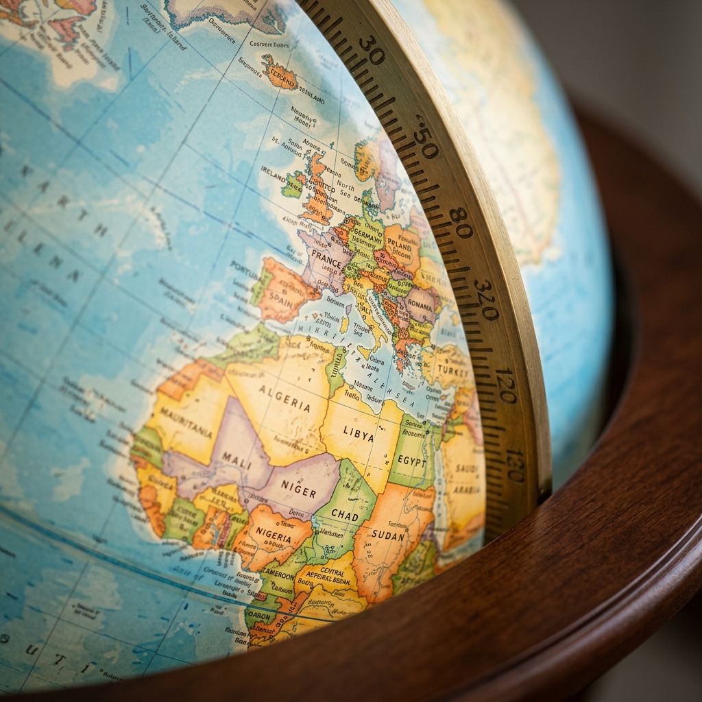 An extreme close-up of a blue illuminated globe, highlighting the intricate map details, brass meridian, and cherry wood frame.