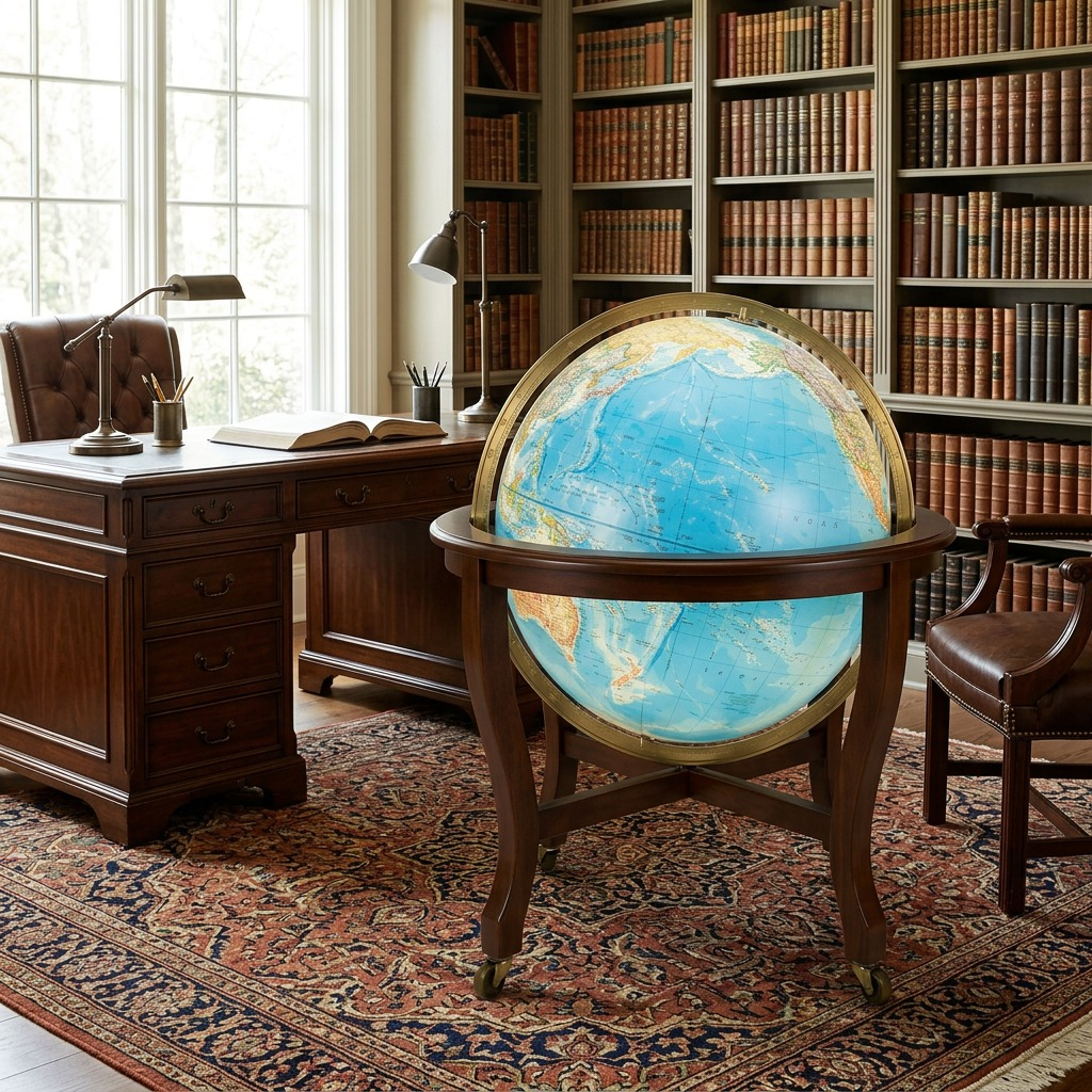 A detailed photograph of the Replogle Globes Diplomat in a home study, next to a desk.