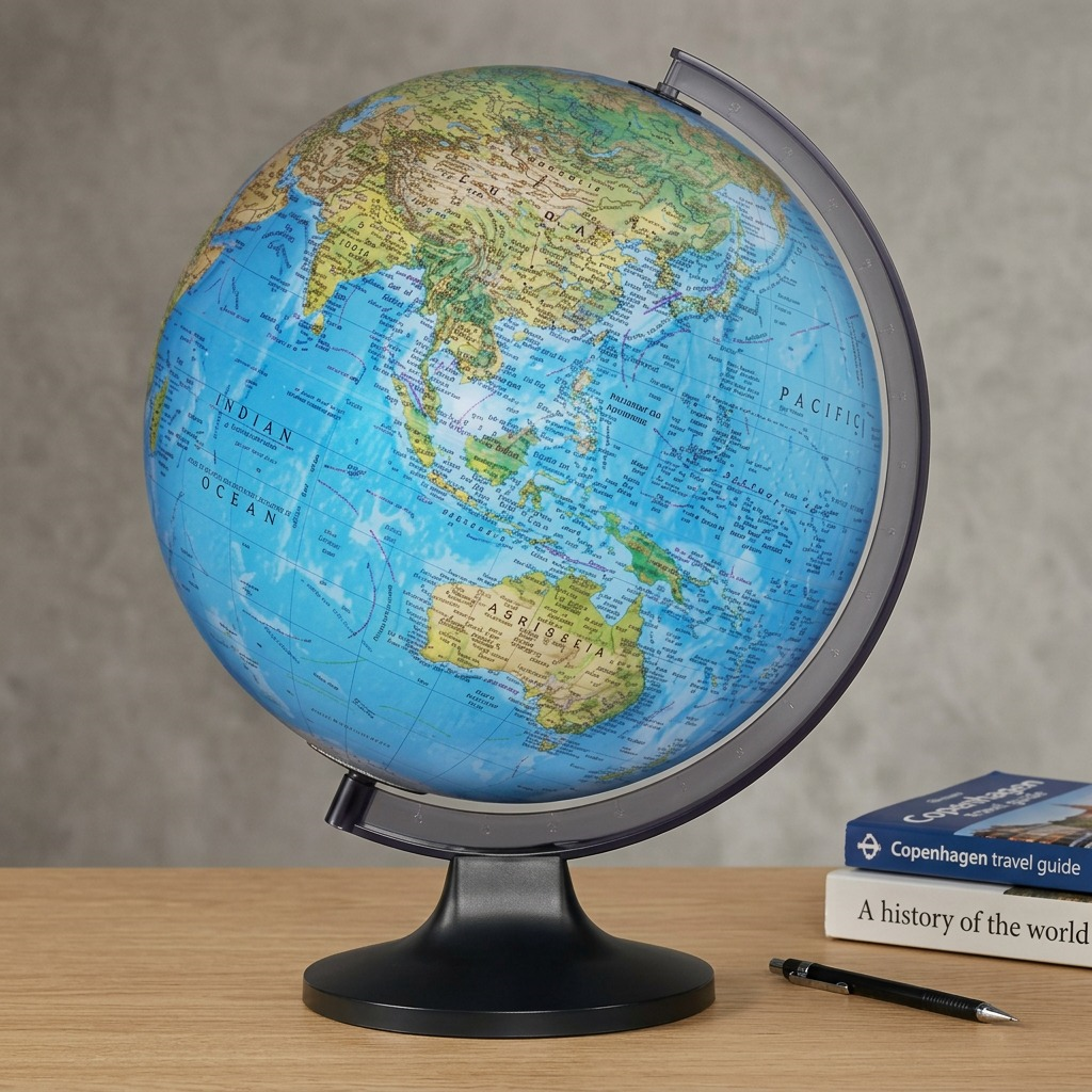 The Replogle Copenhagen desk globe rests on a wooden desk next to two standard-sized books.