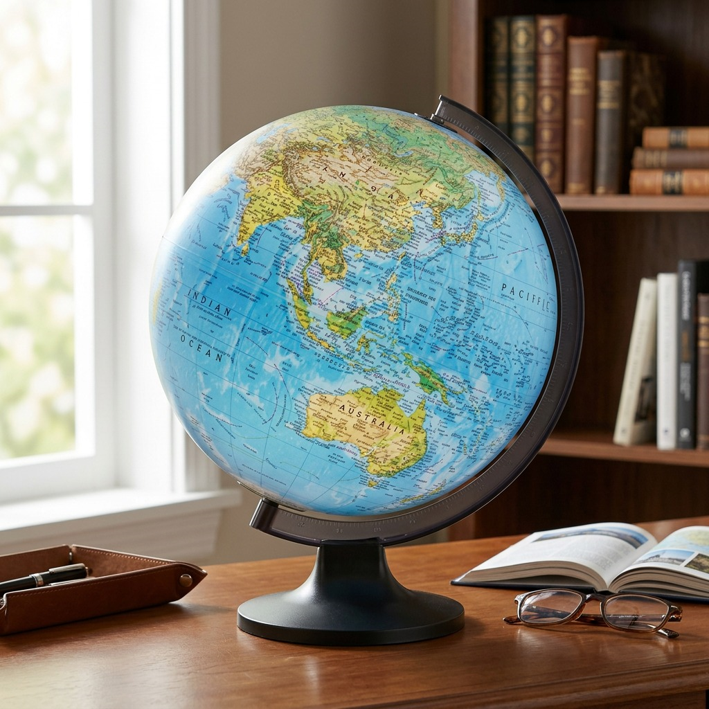 A close-up lifestyle photograph of the illuminated Replogle Copenhagen globe on a desk.