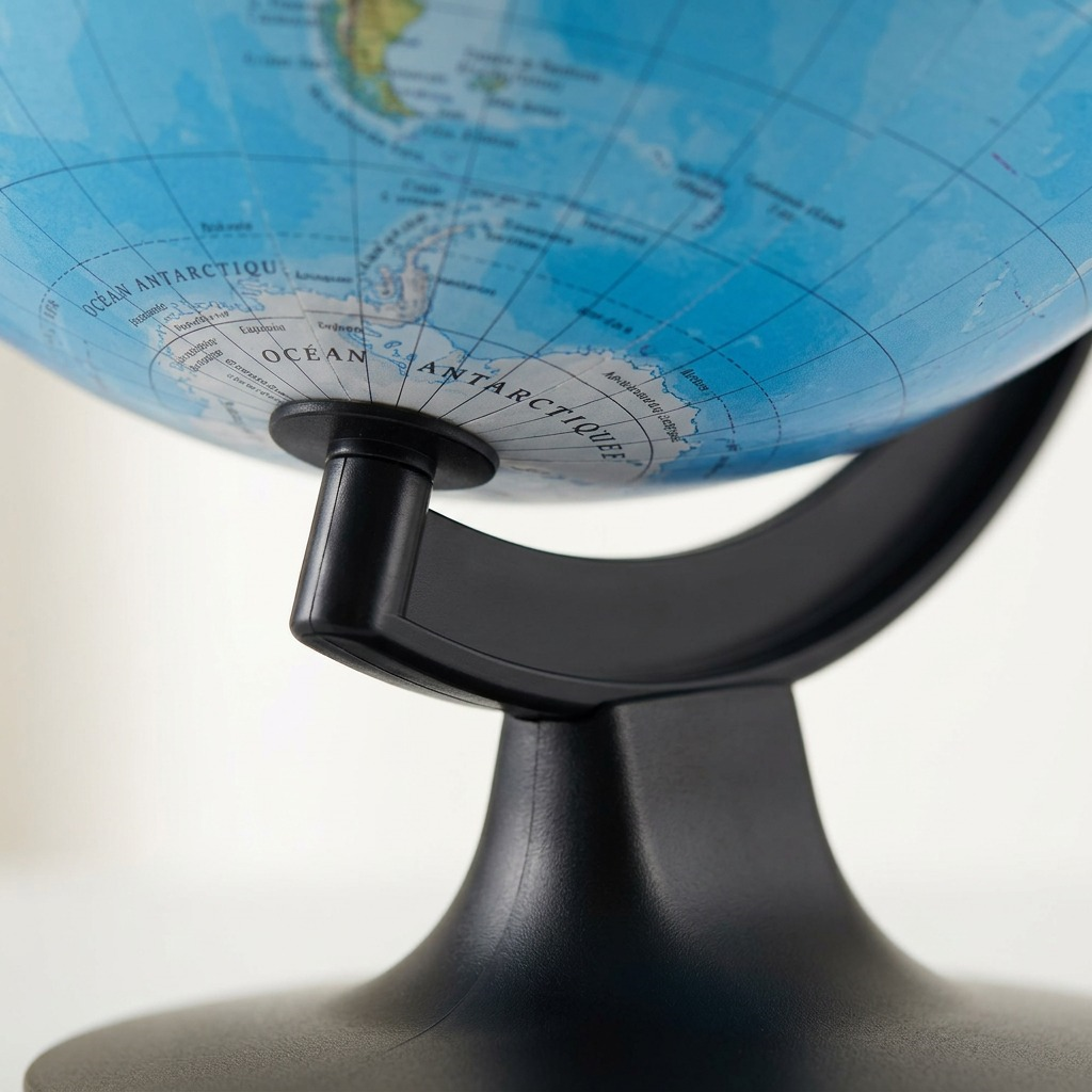 Extreme close-up of the French text and material finish on the blue ocean globe.