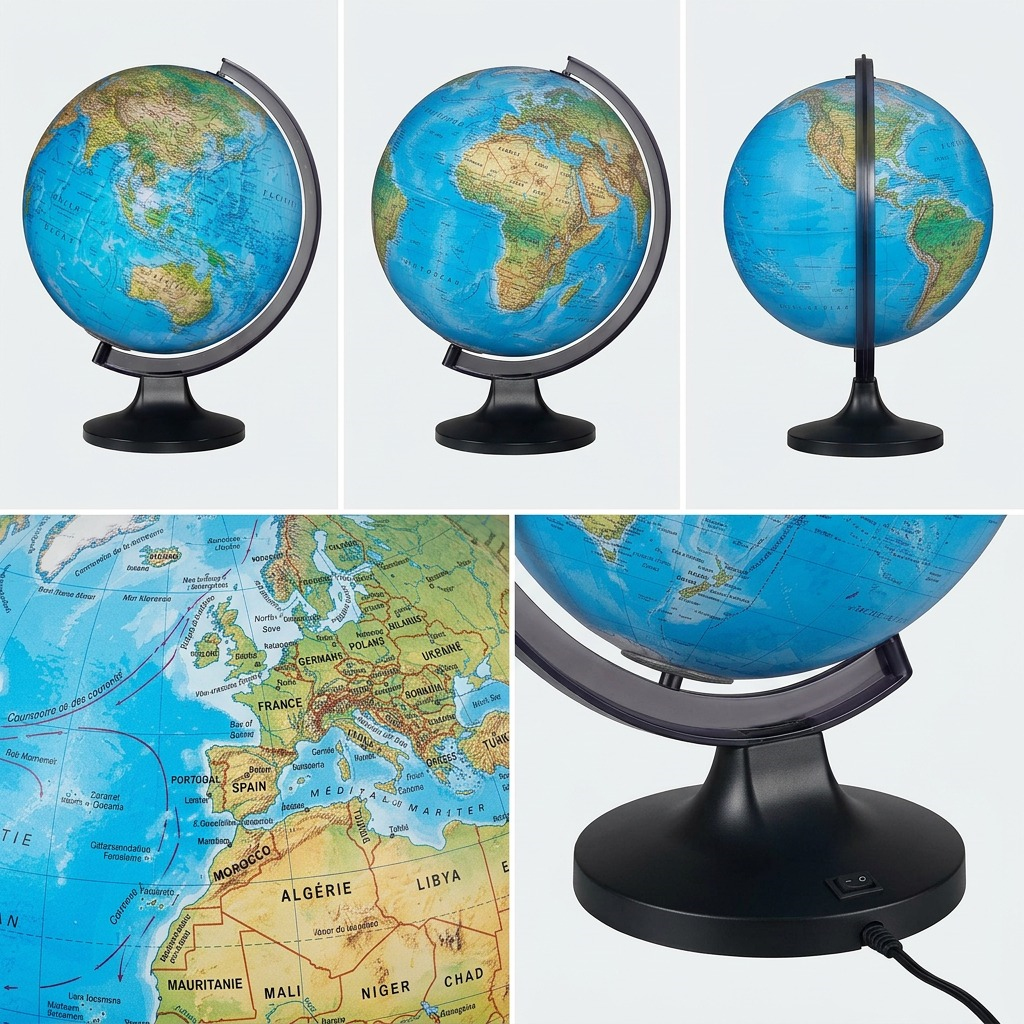 A product matrix image showcasing the globe from three clean, different angles in a grid display.