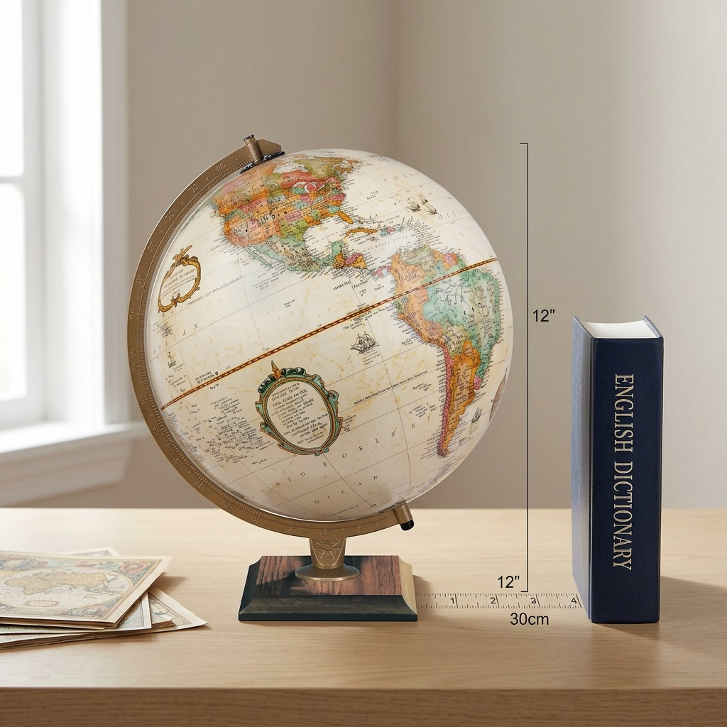 A scale reference image showing the Replogle Spokane globe next to an everyday household dictionary.