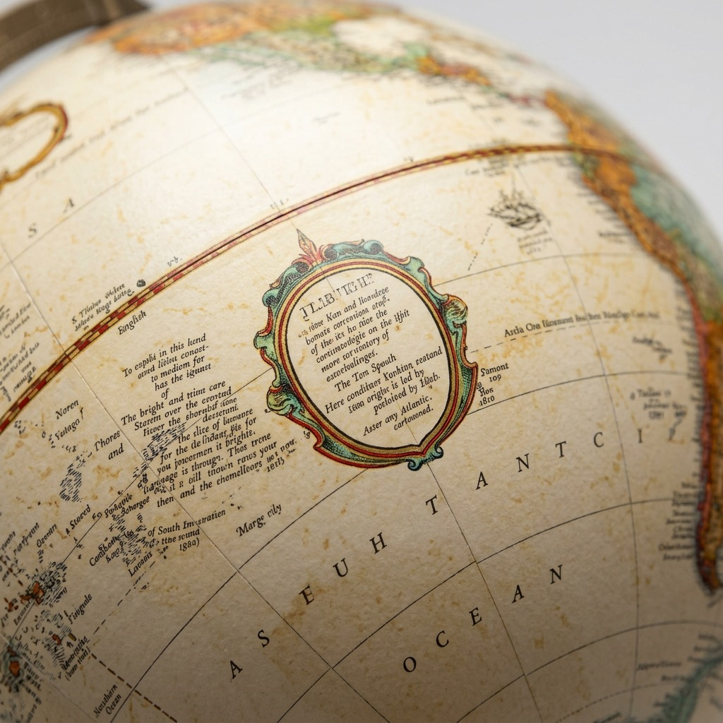 A macro photo of the antique ocean Spokane globe, focusing on complex cartography and a text cartouche over the Atlantic ocean.