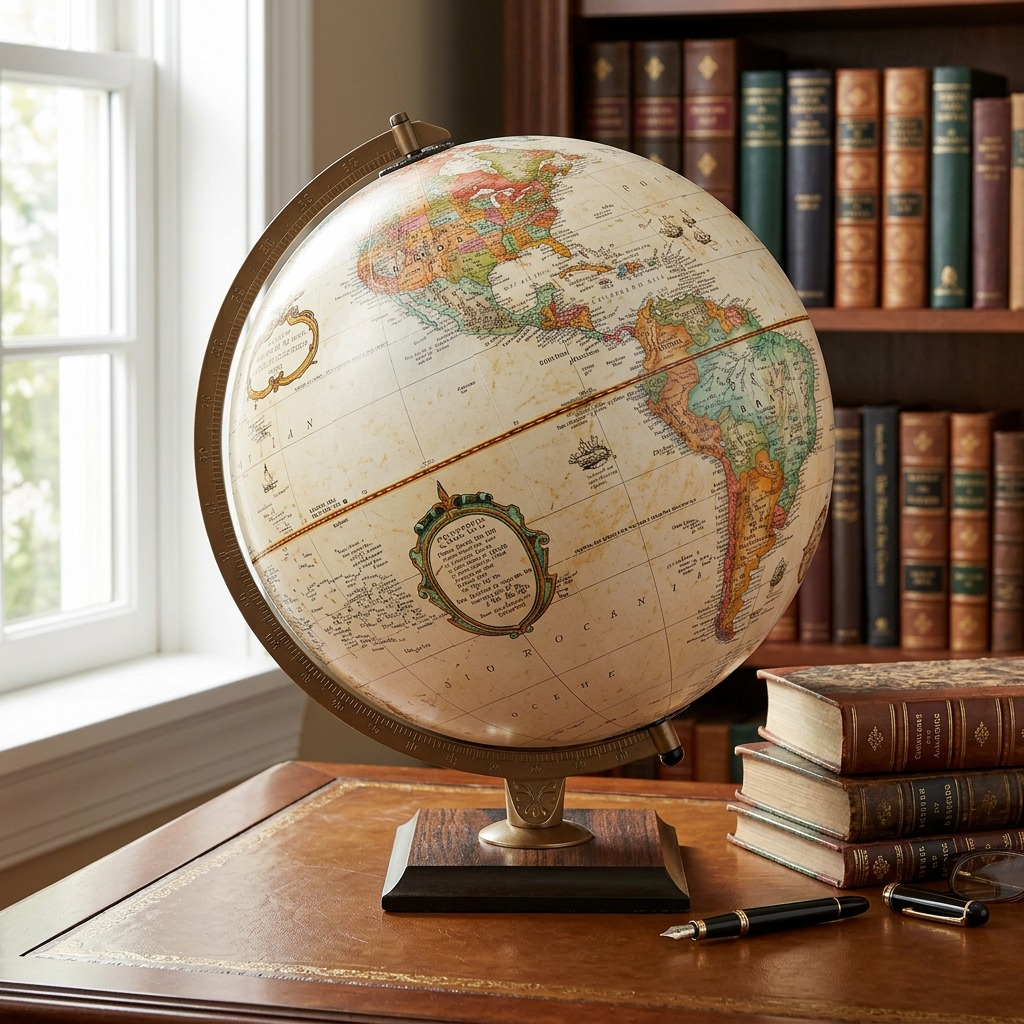 Replogle Globes Spokane, a 12-inch antique ocean desk globe, sits realistically with an ornate bronze meridian and wood base on a home office desk, beside a vintage book and spectacles under warm natural light. The globe is accurate to the canonical image with visible details including a classic cartouche and English labeling.