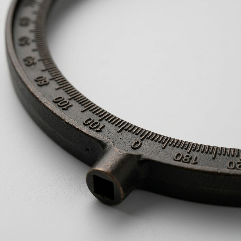 Extreme macro photo showing the detailed graduated scale markings, from 0 to 180 degrees, on the bronze-colored metal 16" meridian ring, with the unique textured edge and a portion of the square end tip visible, under focused studio lighting against a clean, out-of-focus background.
