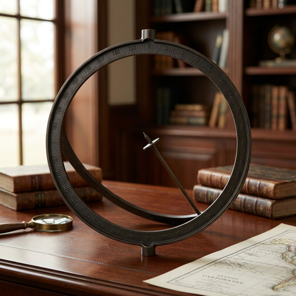 Replogle Globes 16" dark bronze meridian ring on a wooden library table, showing detailed degree markings.