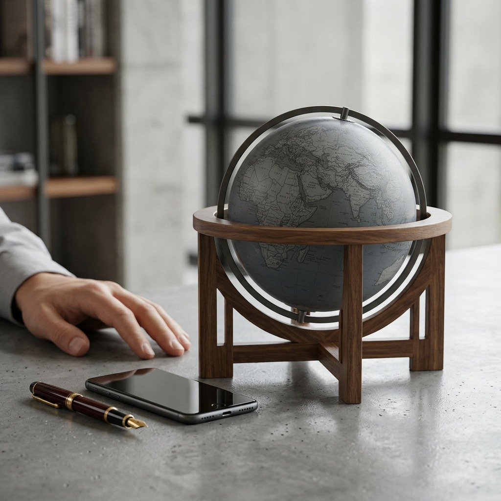 A close-up photograph comparing the Replogle Mini Wright Globe with a typical smartphone for scale reference.
