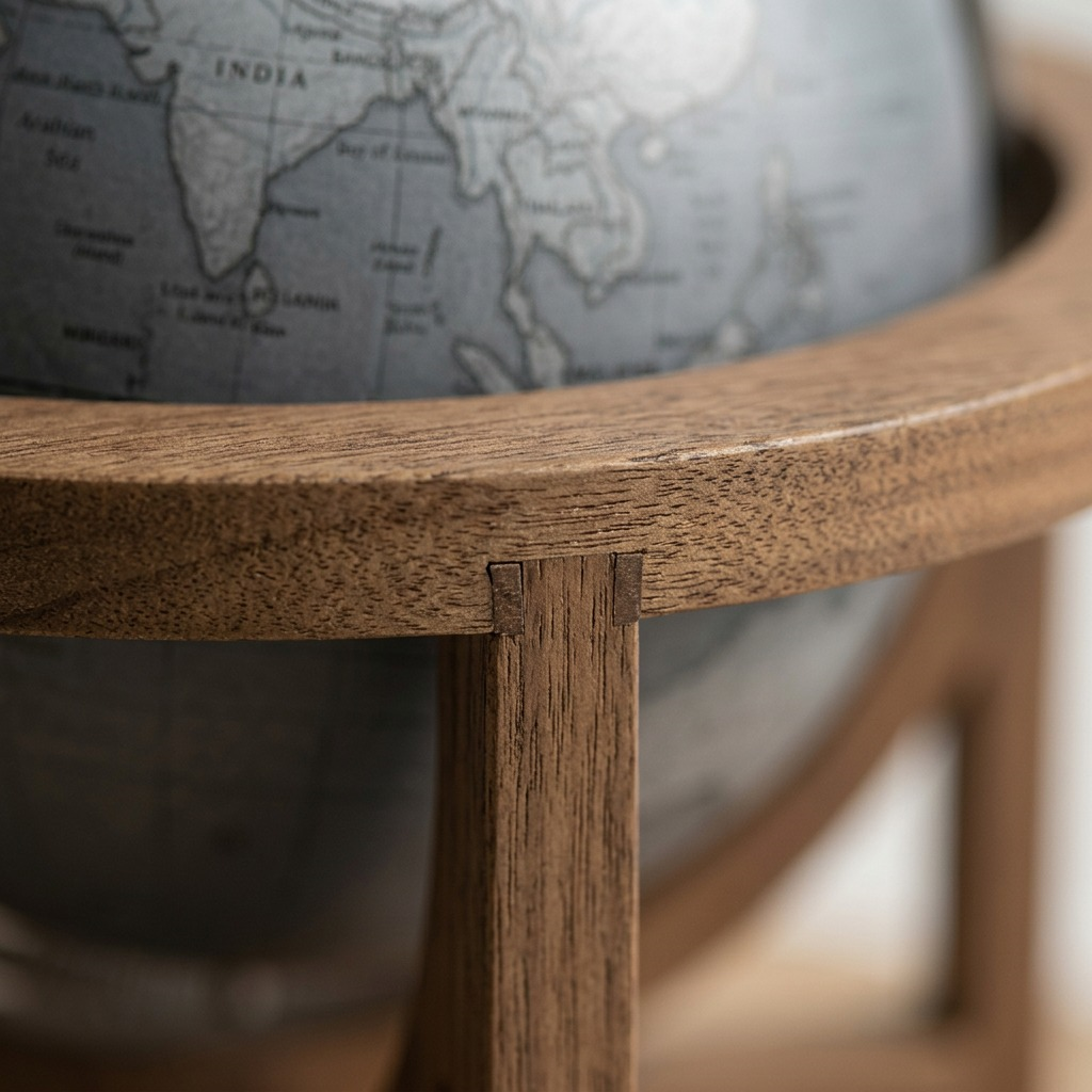 A macro photograph focuses sharply on the wood joinery of the MINI WRIGHT slate gray globe stand.
