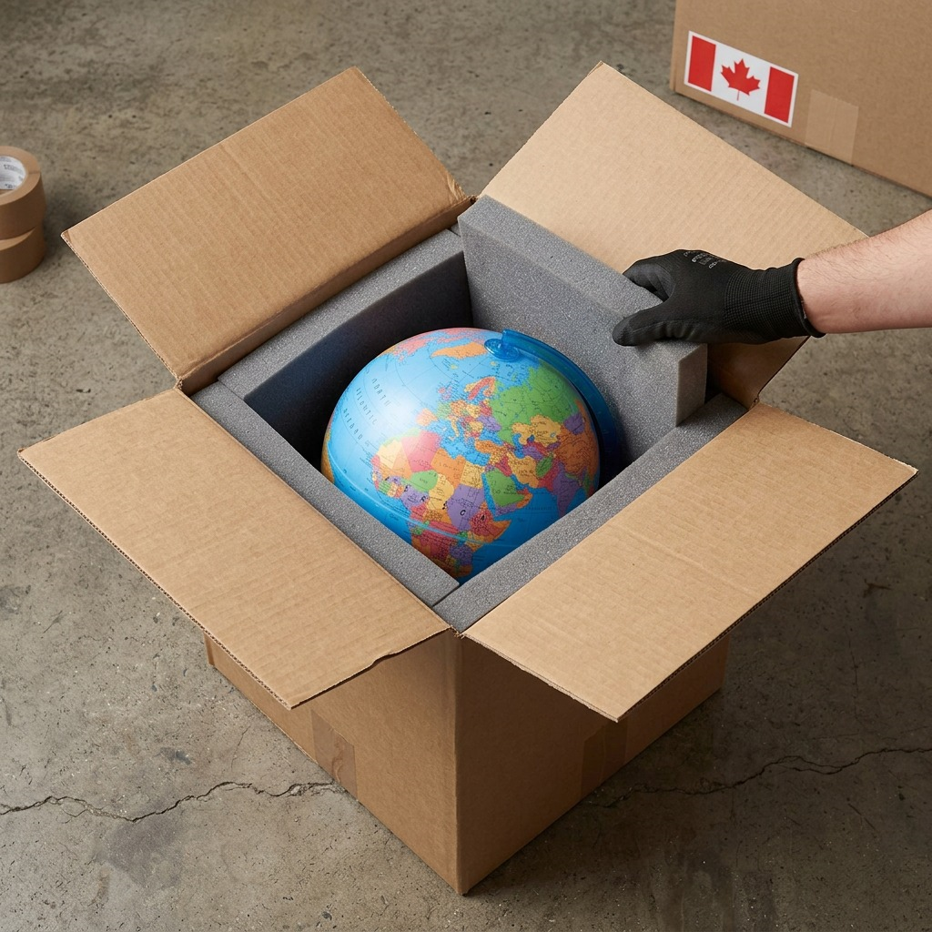 A Replogle French desk globe carefully secured within an open, foam-padded shipping carton for safe delivery.