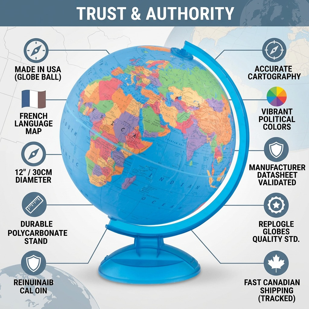 Trust and authority infographic matrix for the Replogle Adventurer 12" French language globe, featuring quality manufacturing cues and fast Canadian shipping.