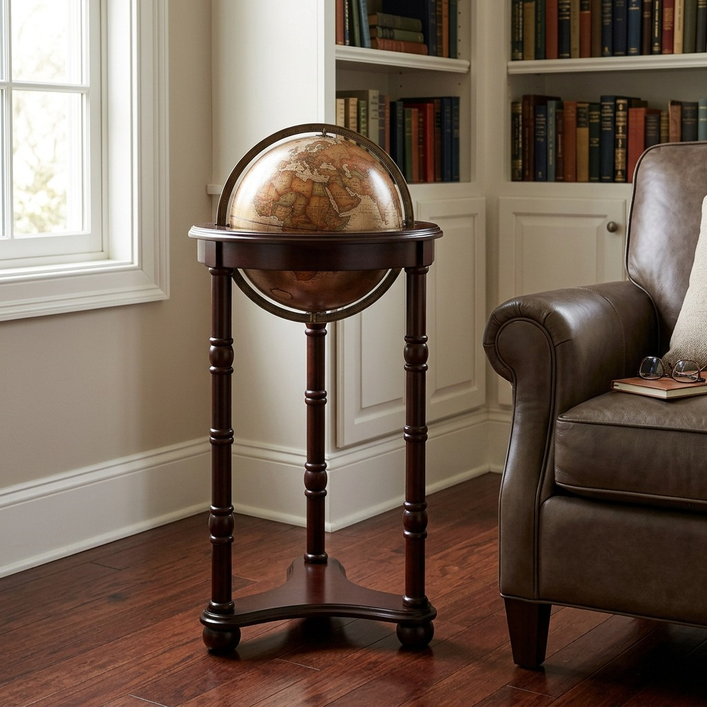 Lifestyle photo of the Replogle Lancaster Floor Globe in a home library, with books and an armchair.