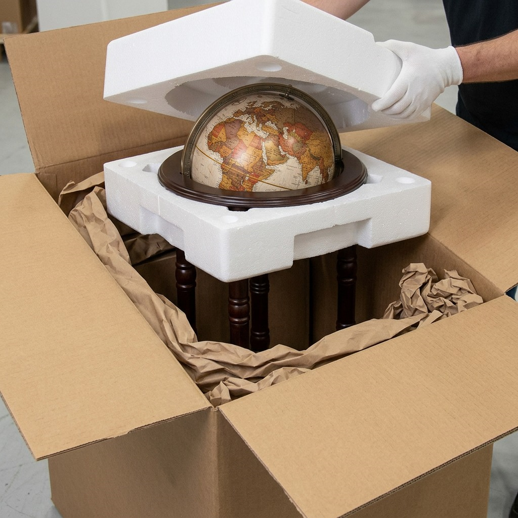 A 12" diameter bronze metallic ocean floor globe (MPN: 37806) is being unboxed from secure packaging.