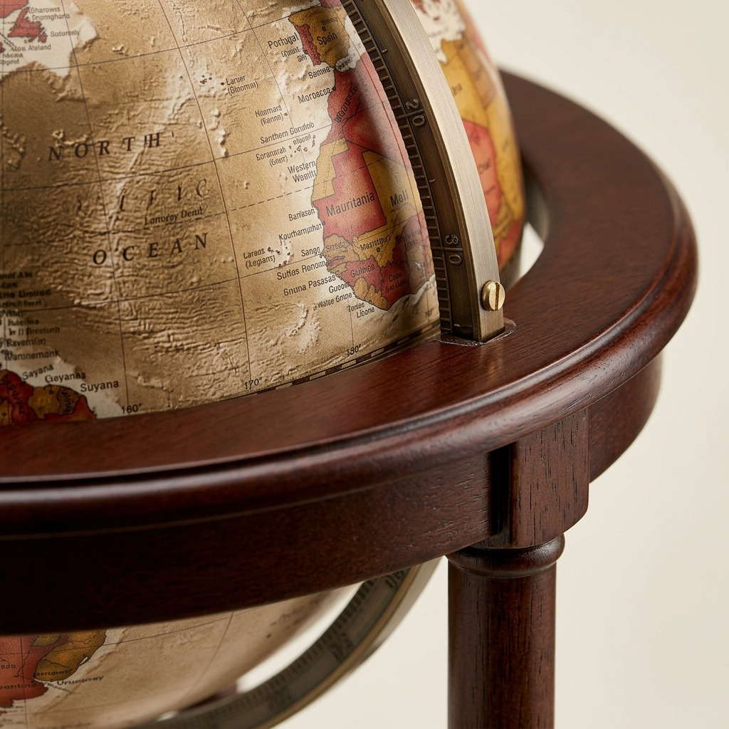 Macro close-up showing the relief texture of the globe map, the brass meridian, and polished wood.