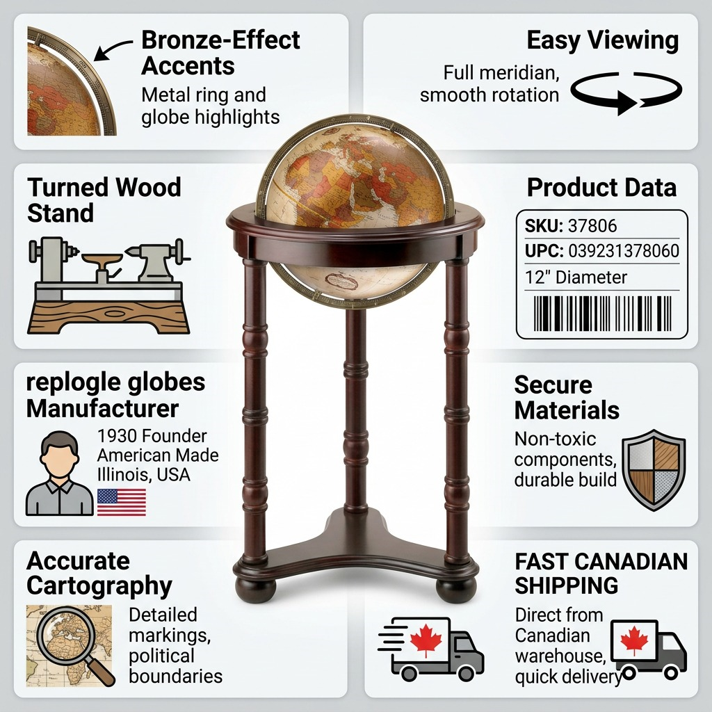 A detailed trust and authority infographic with 8 factual cues, centered on the visually accurate Replogle Globes Lancaster on a turned wood stand.