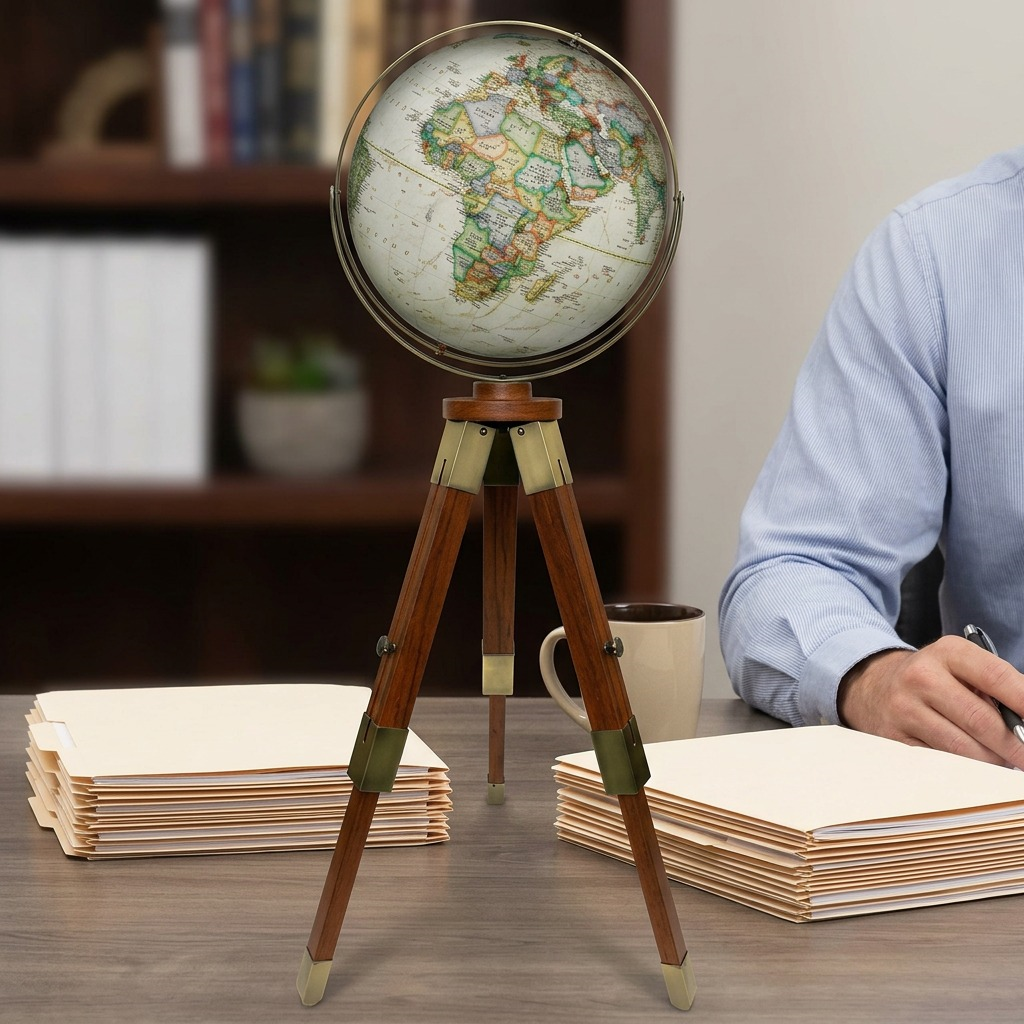 A scale reference view of the 16-inch National Geographic Eaton III globe on its tripod stand. The globe is positioned beside a standard 3-ring binder on an executive desk, highlighting its impressive height and size.