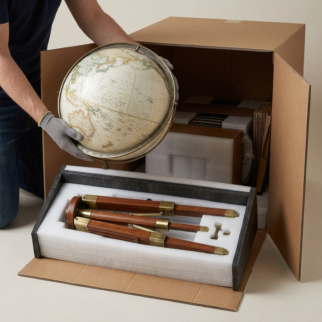 Unboxing scene shows the carefully padded Replogle Eaton III tripod stand globe with visible antique ocean map and metal meridian, protected by foam and nested components to build shipping confidence.