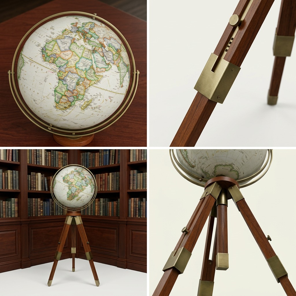 Multi-angle product view of the Eaton III tripod floor globe with antique map detail.