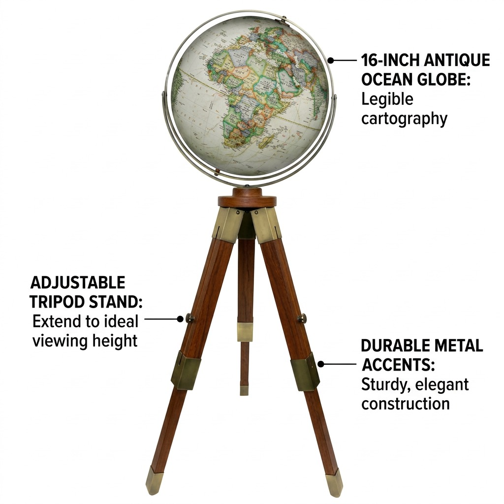 An image highlighting features of the Replogle National Geographic Eaton III floor globe, including its 16-inch antique ocean ball and adjustable brass-accented wood tripod stand, set against a clean background with concise callout labels and pointer lines translating technical benefits to customer value.