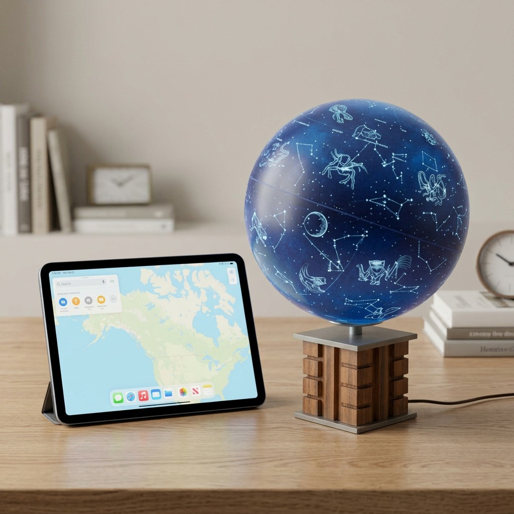 A scale image showing the Illuminated Glencoe Constellation Globe next to a standard tablet.