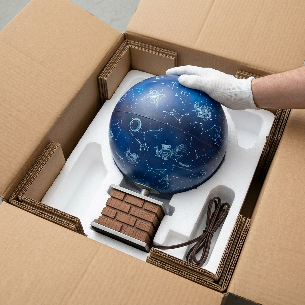 Replogle Glencoe globe, perfectly intact, being carefully lifted by gloved hands from robust foam inside an open shipping box, ensuring damage-free delivery.