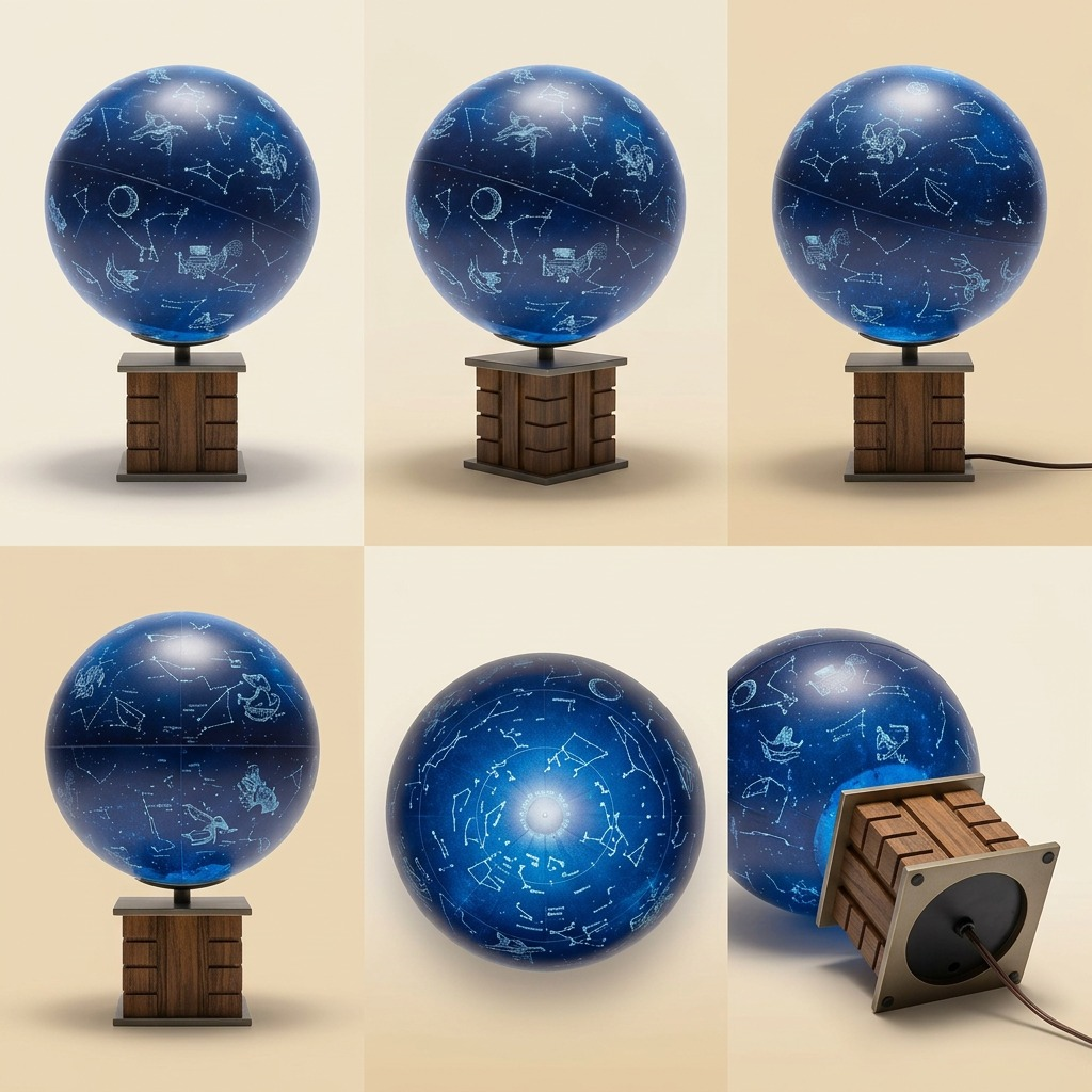 A clean grid of product variants displaying different illuminated celestial globes and wooden bases.