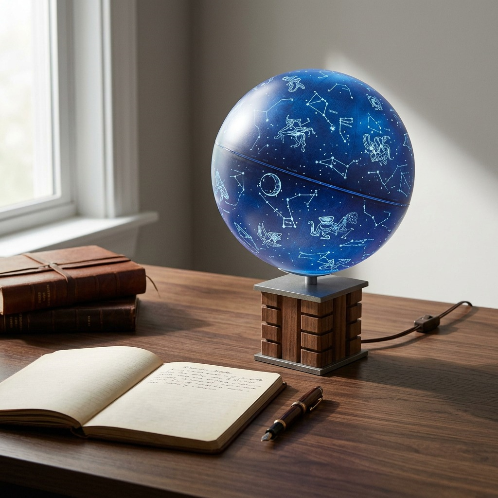 A lifestyle context photo of the illuminated Replogle Glencoe Constellation globe on a wood library desk.