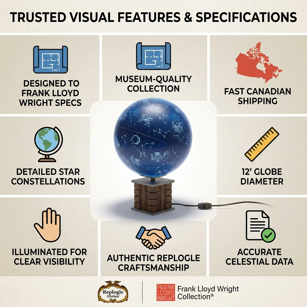 An infographic matrix highlighting the Replogle Frank Lloyd Wright Glencoe Constellation globe and its authoritative features.