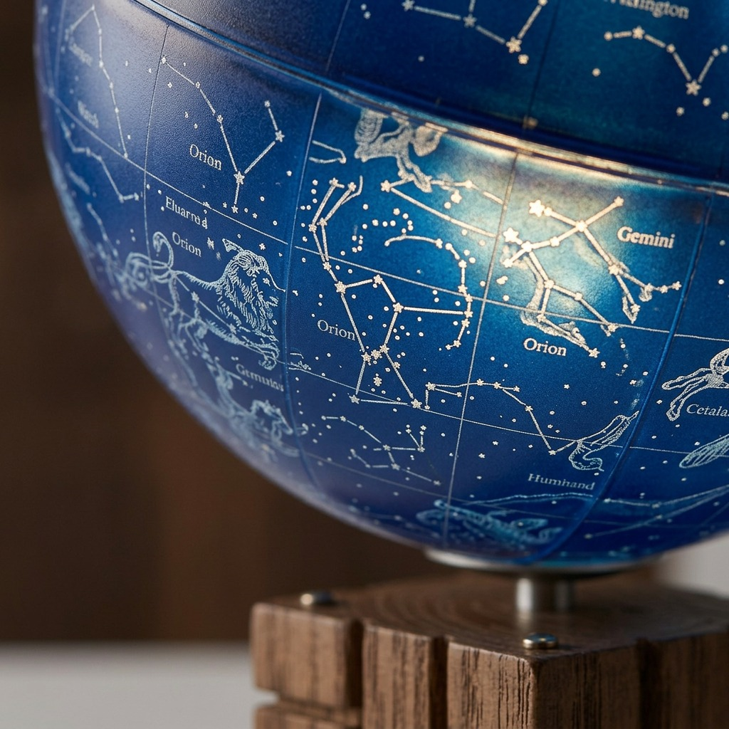 Detail shot of the illuminated blue globe showing sharp silver constellation lines and precision text.