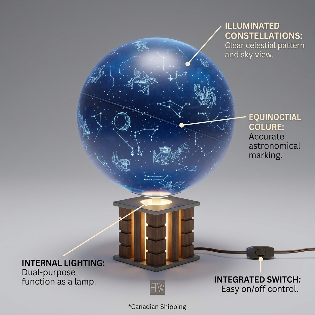 Feature graphic with callouts: illuminated constellations, precise equinoctial colure, dual illumination, integrated switch.