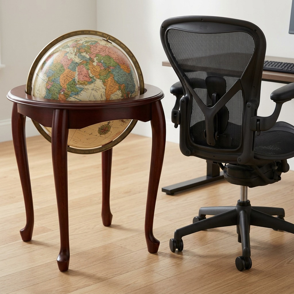 Replogle Queen Anne globe beside a modern desk chair for visual scale reference.
